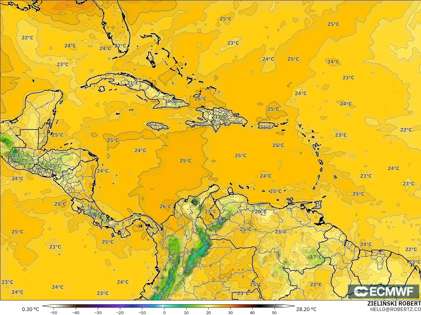 ECMWF IFS 0.25° modelo - Caribe, Punto de rocío a 2 m