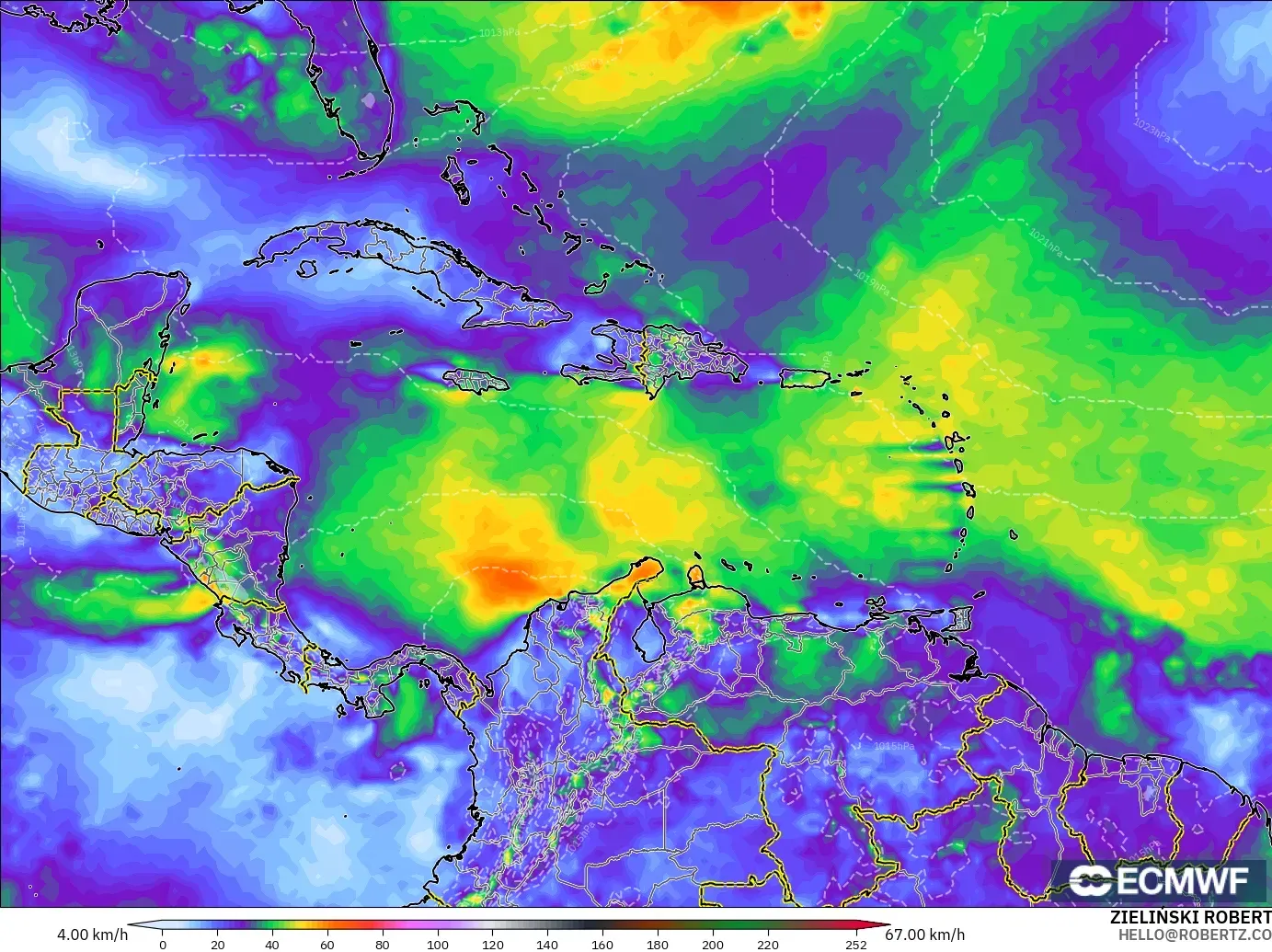 ECMWF IFS 0.25° modelo - Caribe, Ráfagas de viento