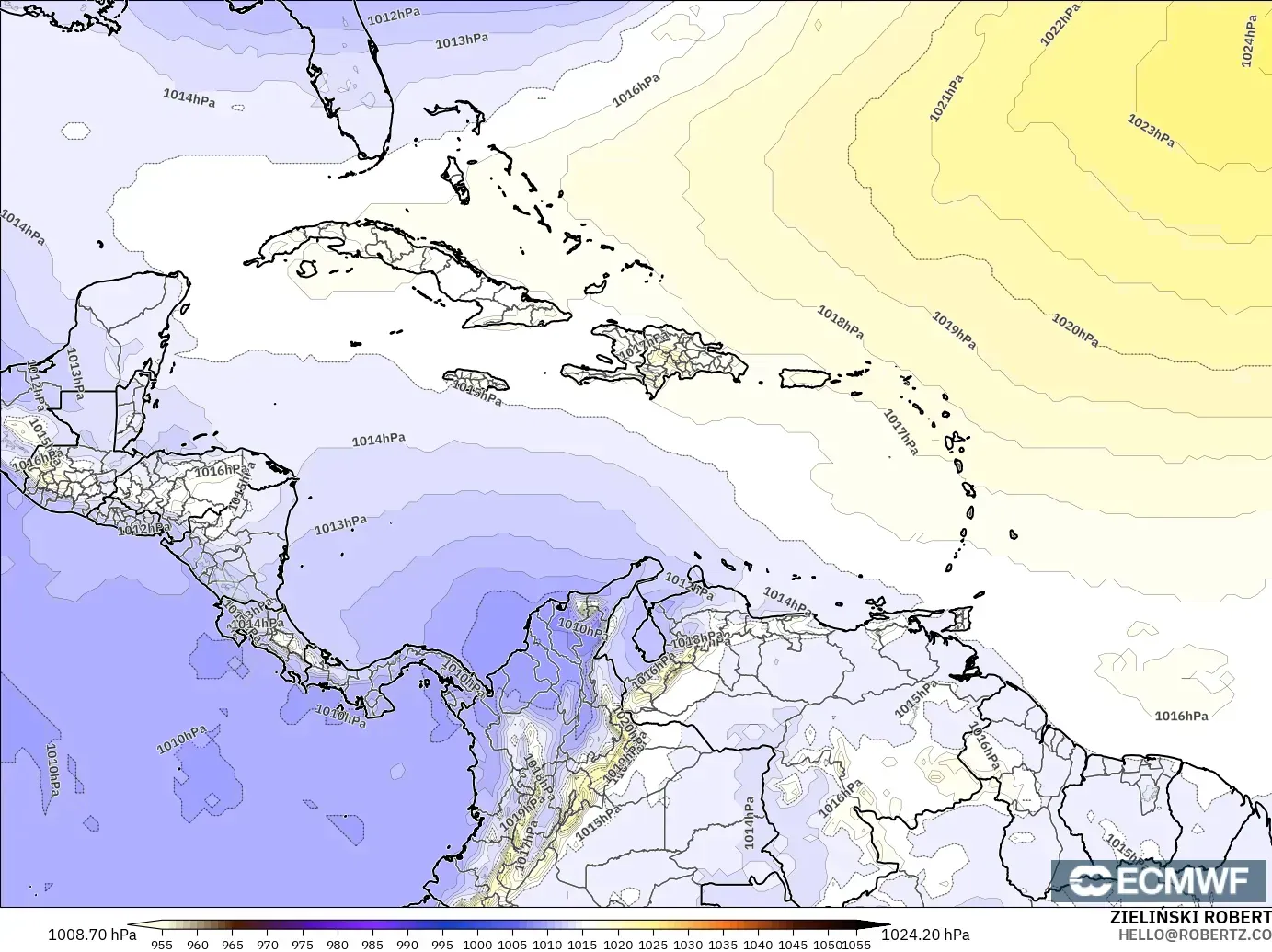 ECMWF IFS 0.25° modelo - Caribe, Presión
