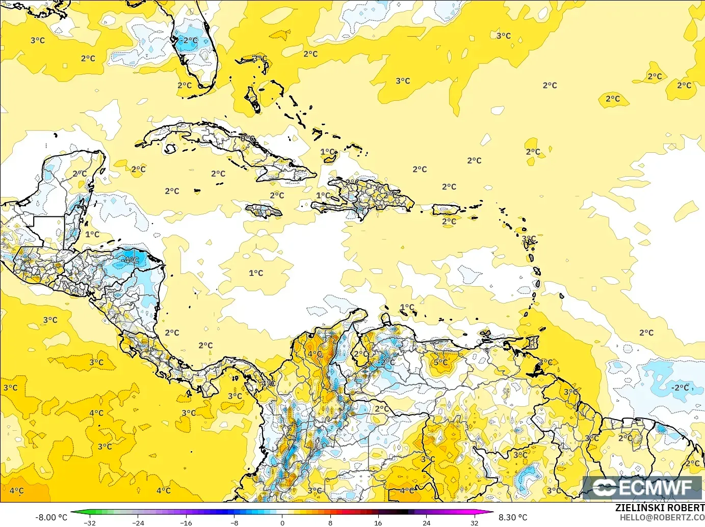ECMWF IFS 0.25° modelo - Caribe, Anomalía de temperatura a 2 m