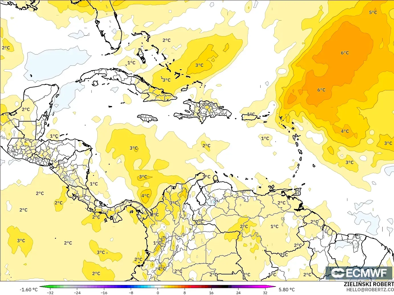 ECMWF IFS 0.25° modelo - Caribe, Anomalía de temperatura a 850 hPa