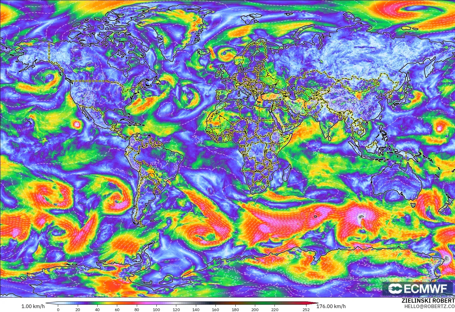 ECMWF IFS 0.25° modelo - Mundo, Ráfagas de viento