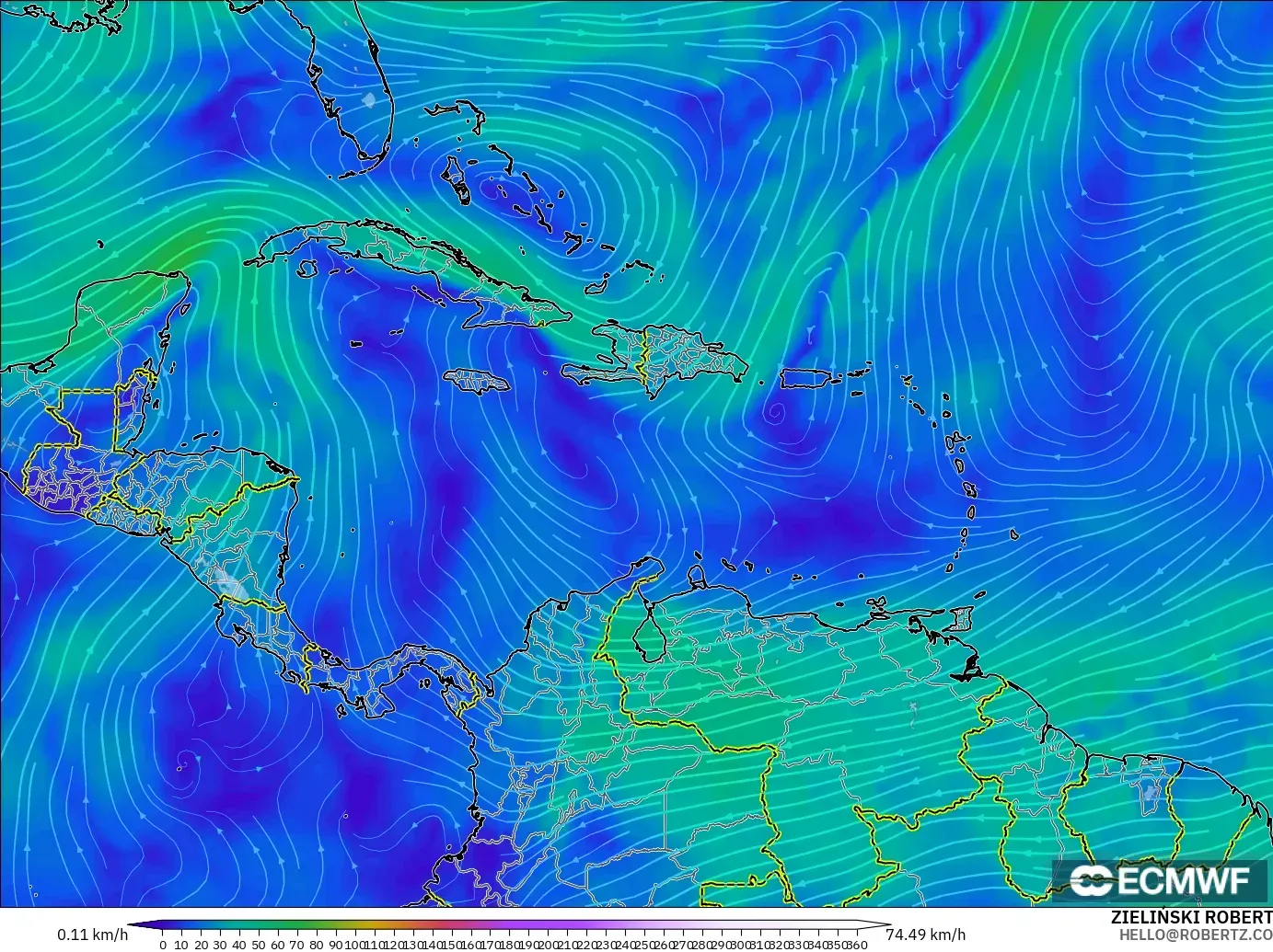 ECMWF IFS 0.25° modelo - Caribe, Viento a 300 hPa (corriente en chorro)