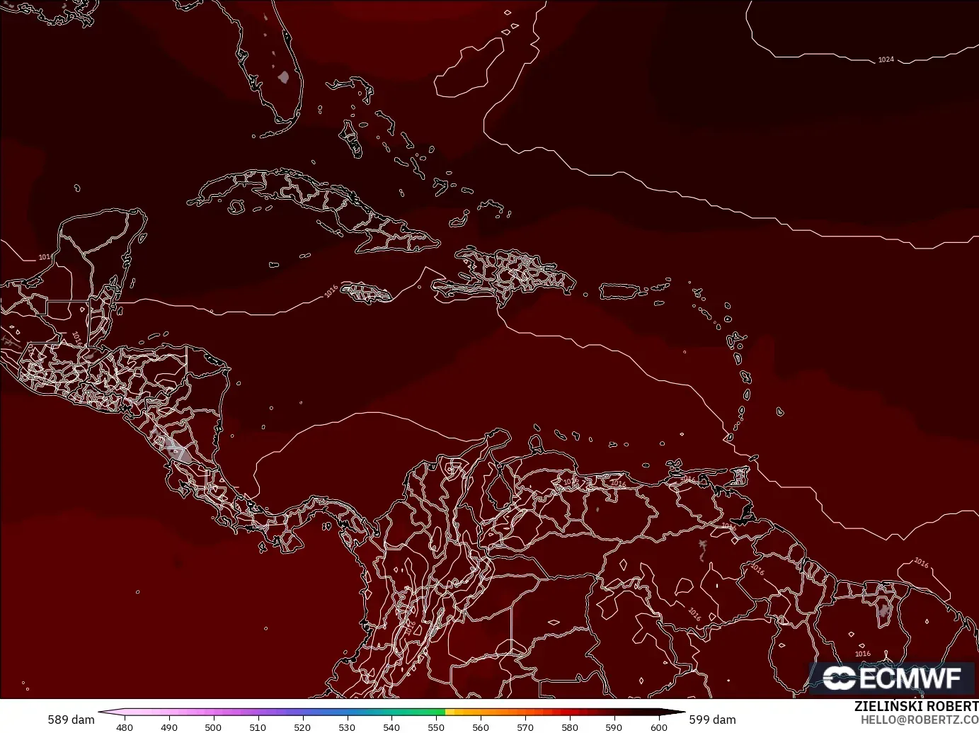 ECMWF IFS 0.25° modelo - Caribe, Altura geopotencial a 500 hPa