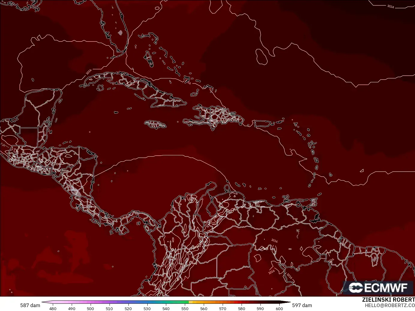 ECMWF IFS 0.25° modelo - Caribe, Altura geopotencial a 500 hPa