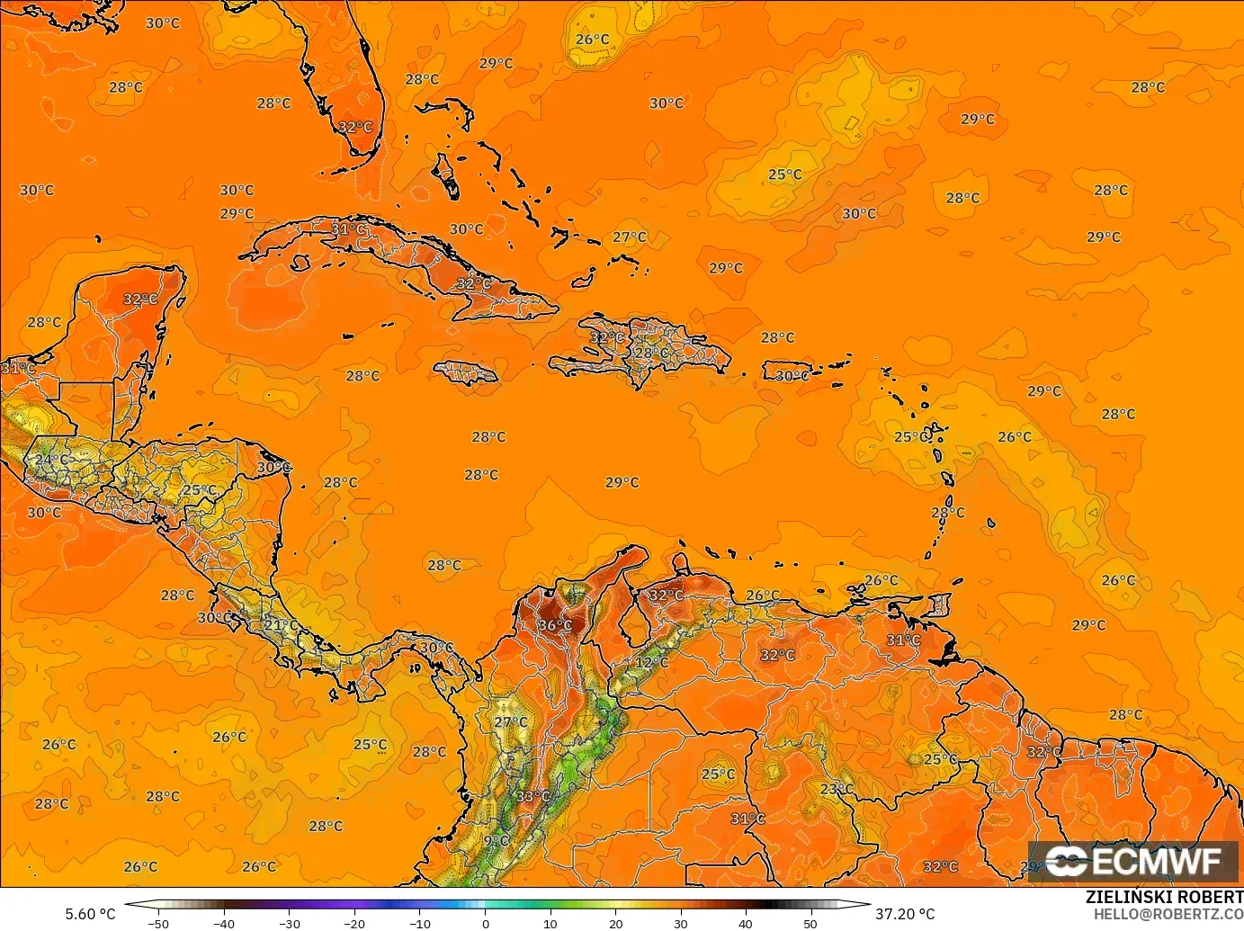ECMWF IFS 0.25° modelo - Caribe, Temperatura a 2 m