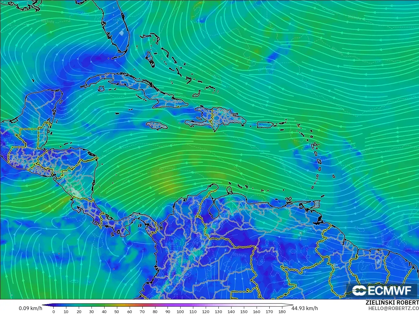 ECMWF IFS 0.25° modelo - Caribe, Viento a 10 m