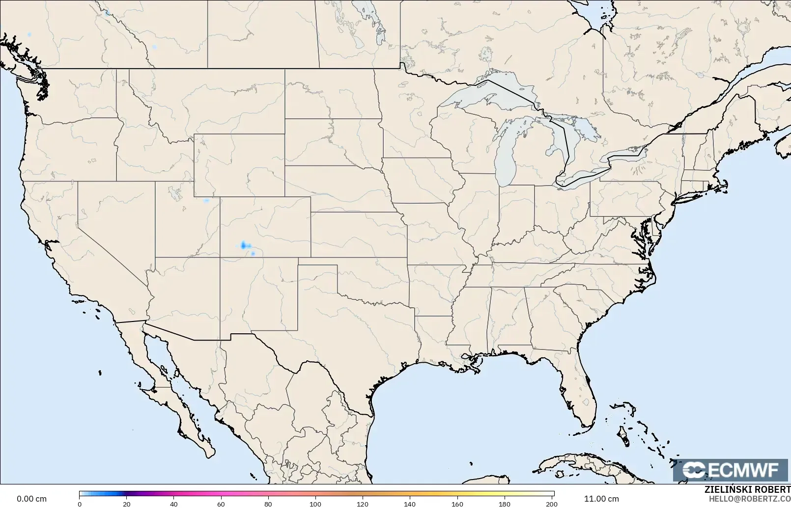 ECMWF IFS 0.25° modelo - Estados Unidos, Profundidad de nieve