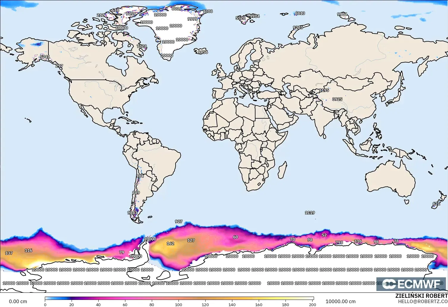 ECMWF IFS 0.25° modelo - Mundo, Profundidad de nieve