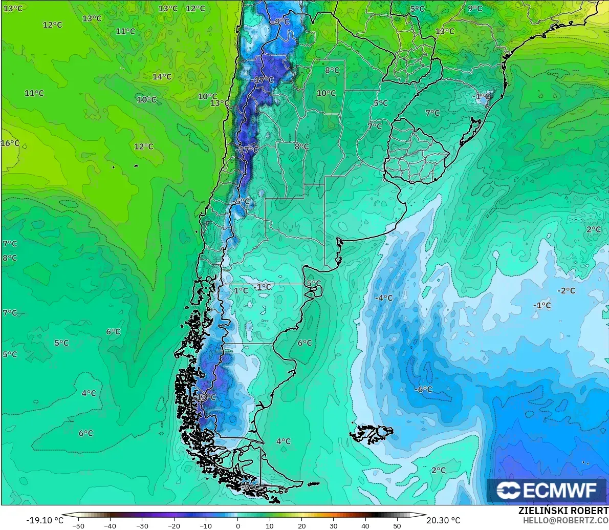 ECMWF IFS 0.25° modelo - Argentina, Punto de rocío a 2 m