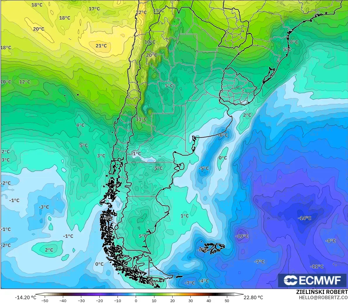 ECMWF IFS 0.25° modelo - Argentina, Temperatura a 850 hPa