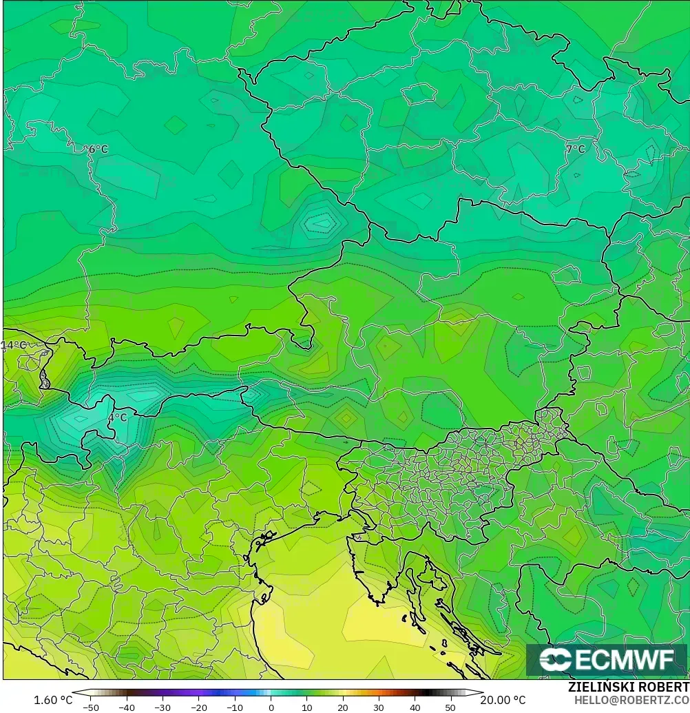 ECMWF IFS 0.25° modelo - Austria, Punto de rocío a 2 m