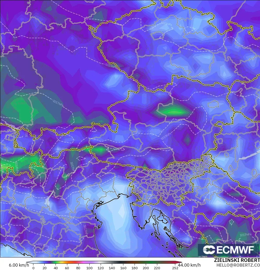 ECMWF IFS 0.25° modelo - Austria, Ráfagas de viento