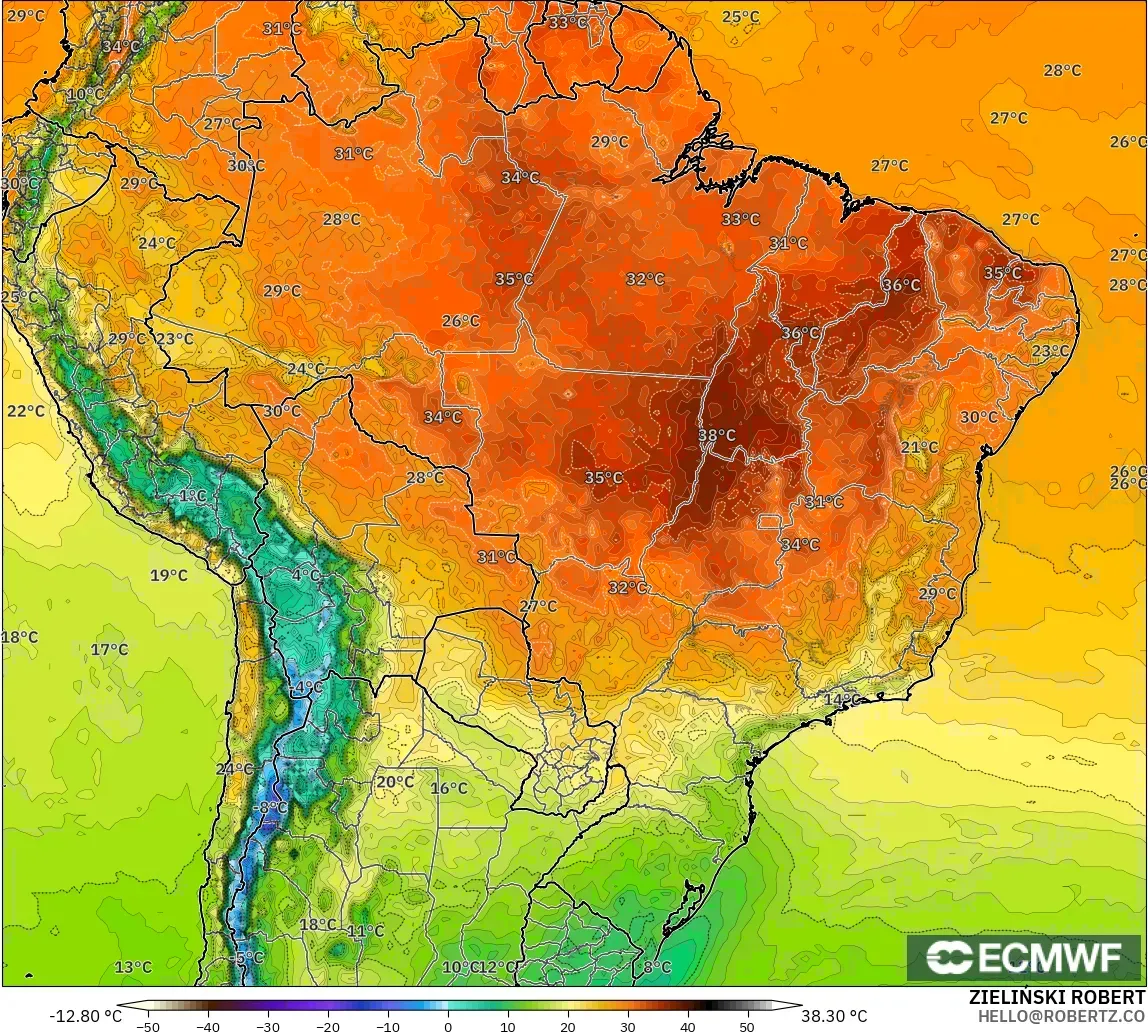 ECMWF IFS 0.25° modelo - Brasil, Temperatura a 2 m