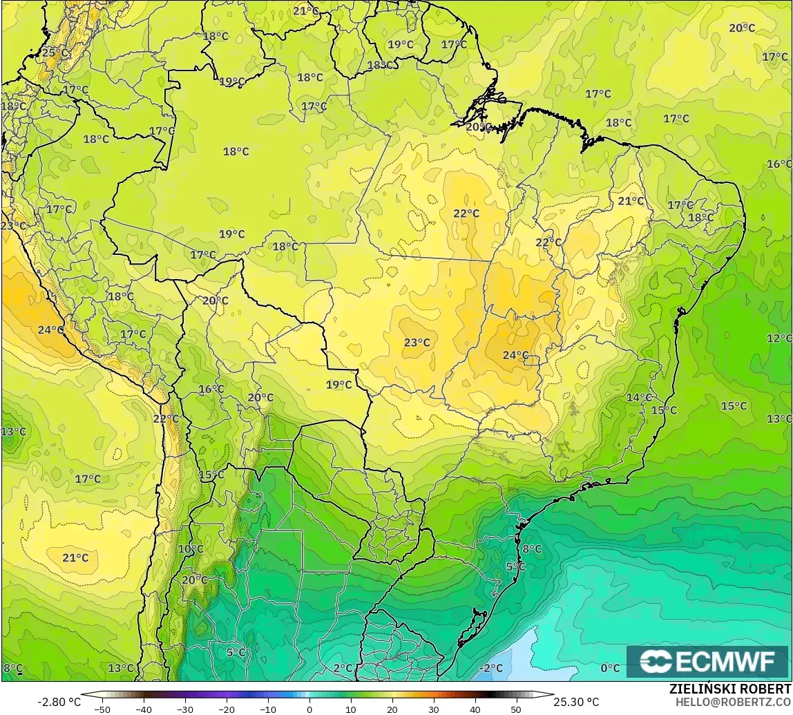 ECMWF IFS 0.25° modelo - Brasil, Temperatura a 850 hPa