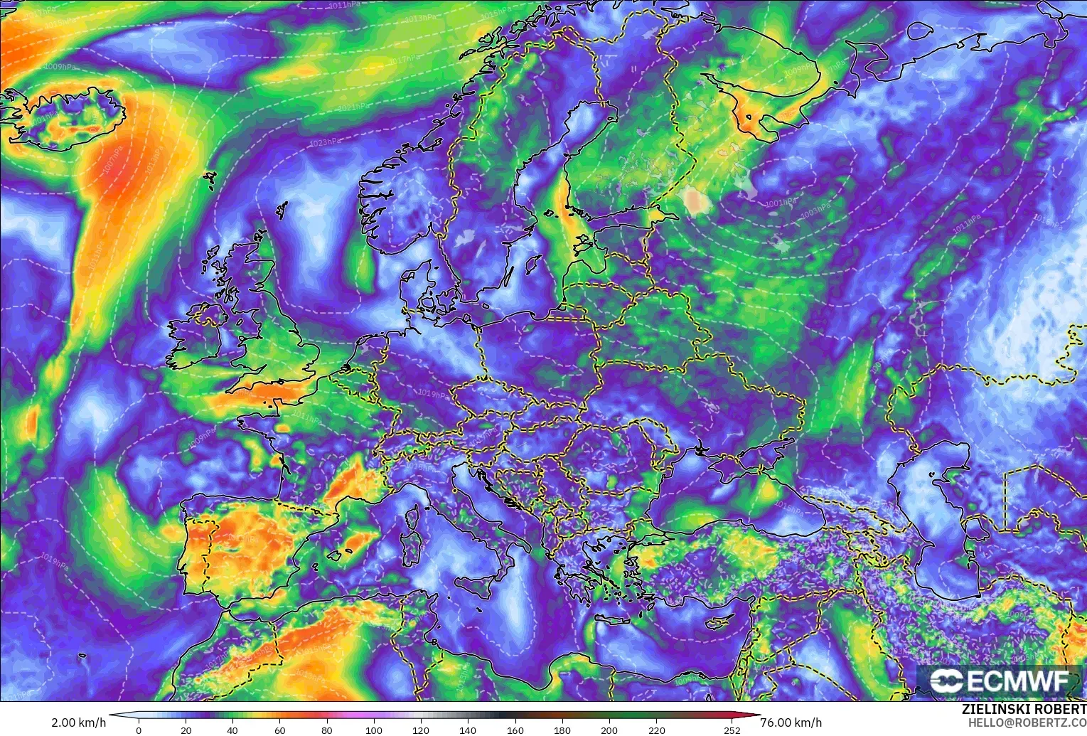 ECMWF IFS 0.25° modelo - Europa, Ráfagas de Viento Máximas