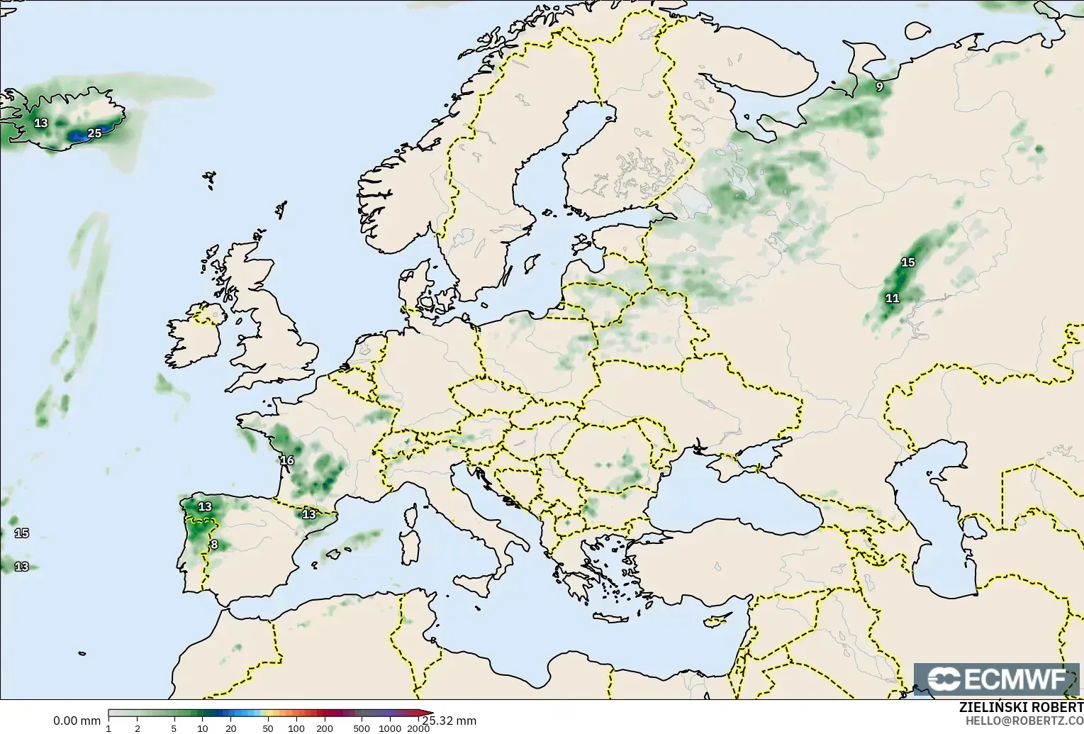 ECMWF IFS 0.25° modelo - Europa, Acumulación de precipitación