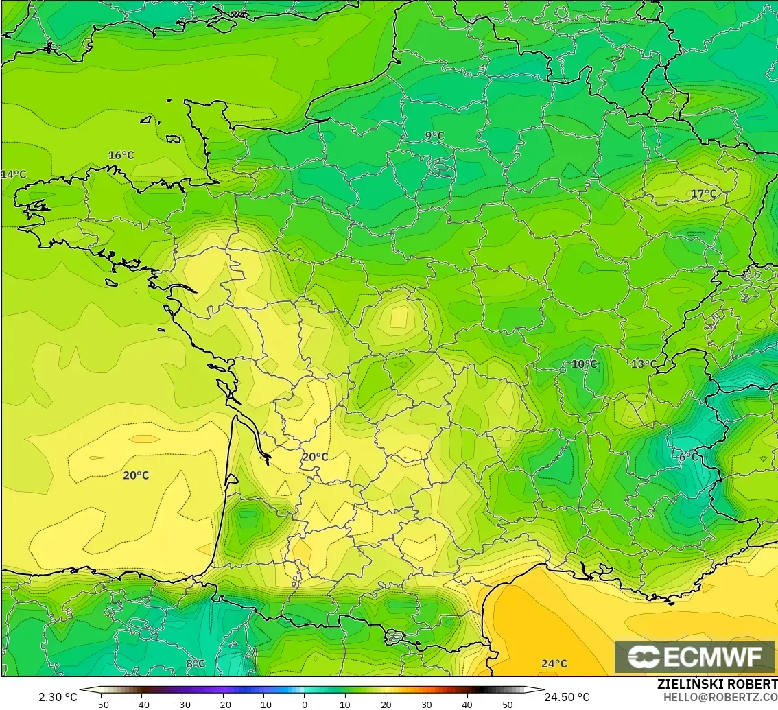 ECMWF IFS 0.25° modelo - Francia, Punto de rocío a 2 m