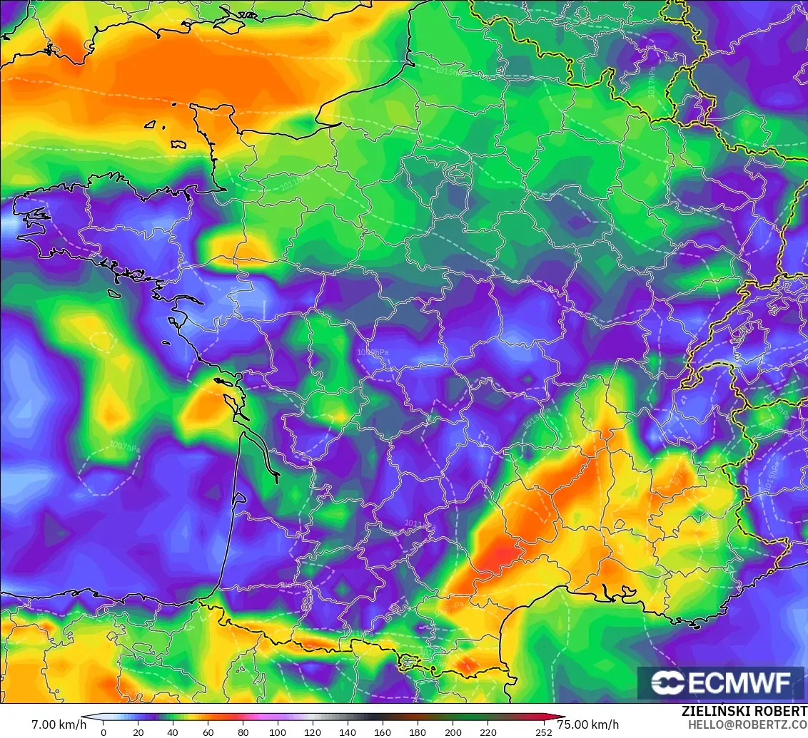 ECMWF IFS 0.25° modelo - Francia, Ráfagas de Viento Máximas