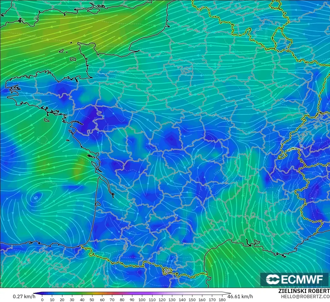 ECMWF IFS 0.25° modelo - Francia, Viento a 10 m