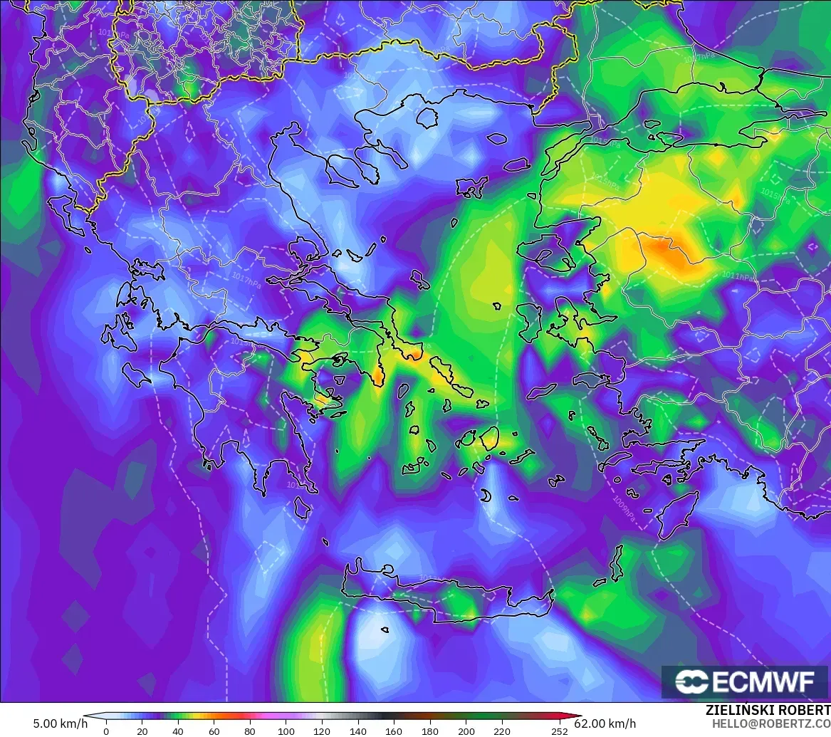 ECMWF IFS 0.25° modelo - Grecia, Ráfagas de Viento Máximas