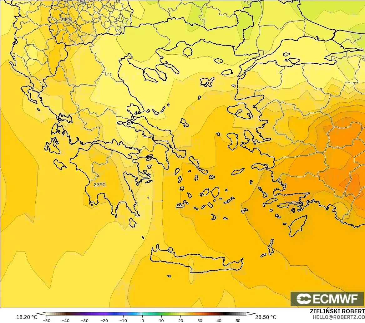 ECMWF IFS 0.25° modelo - Grecia, Temperatura a 850 hPa