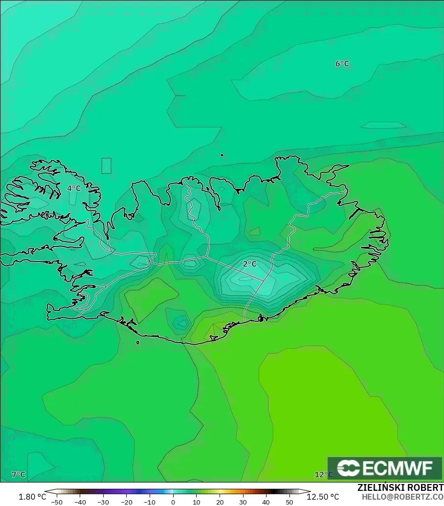 ECMWF IFS 0.25° modelo - Islandia, Punto de rocío a 2 m