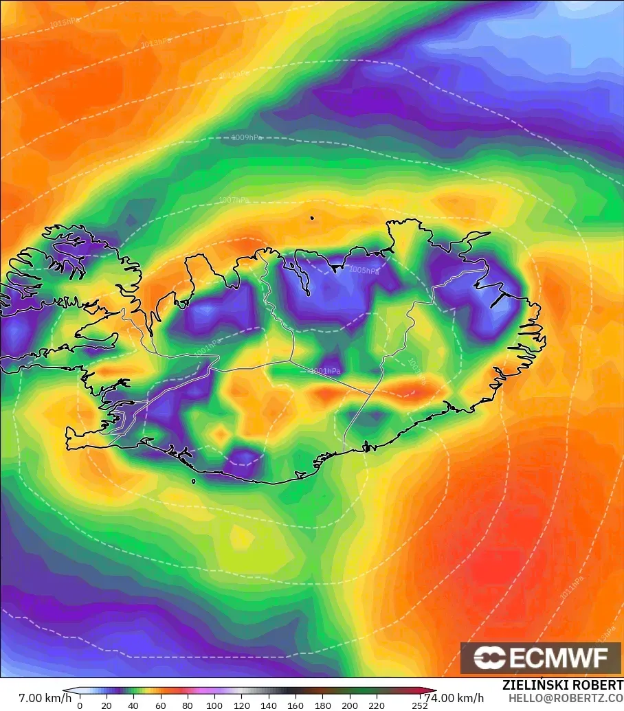 ECMWF IFS 0.25° modelo - Islandia, Ráfagas de Viento Máximas