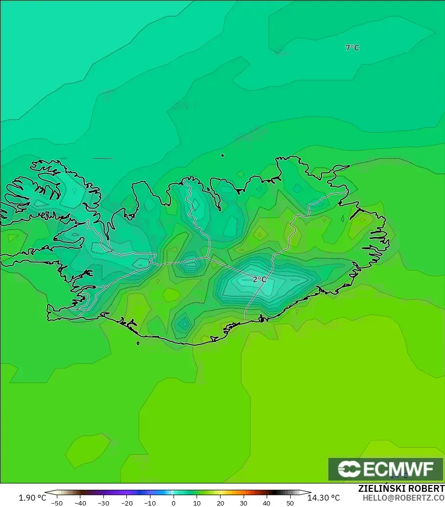 ECMWF IFS 0.25° modelo - Islandia, Temperatura a 2 m