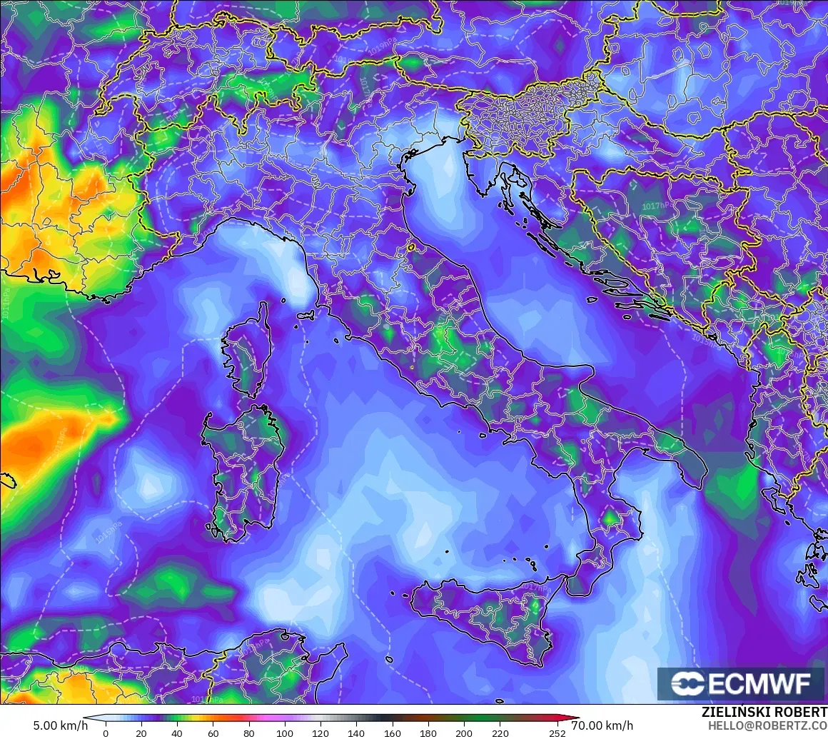 ECMWF IFS 0.25° modelo - Italia, Ráfagas de Viento Máximas