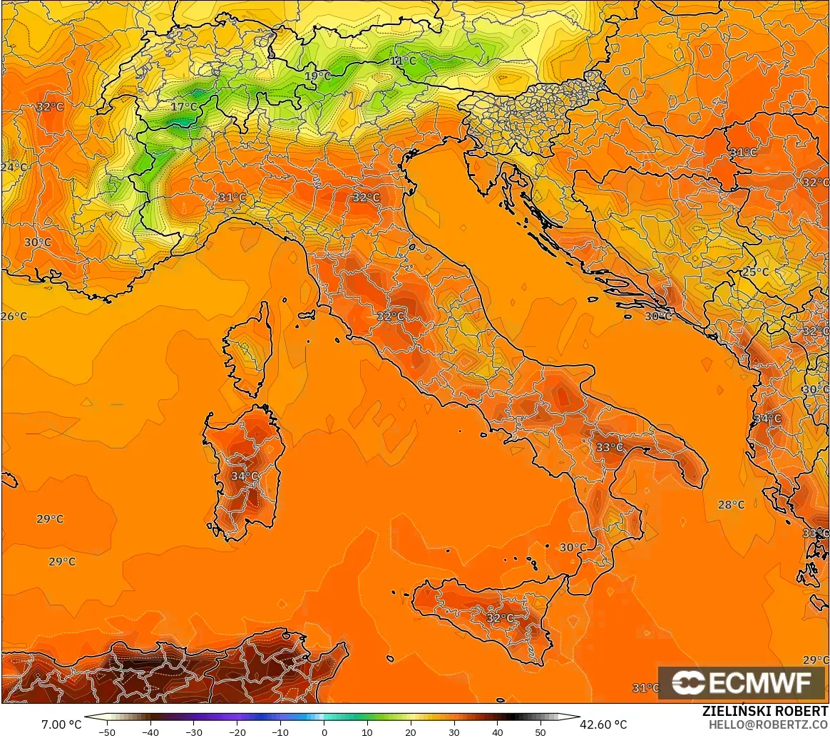 ECMWF IFS 0.25° modelo - Italia, Temperatura a 2 m