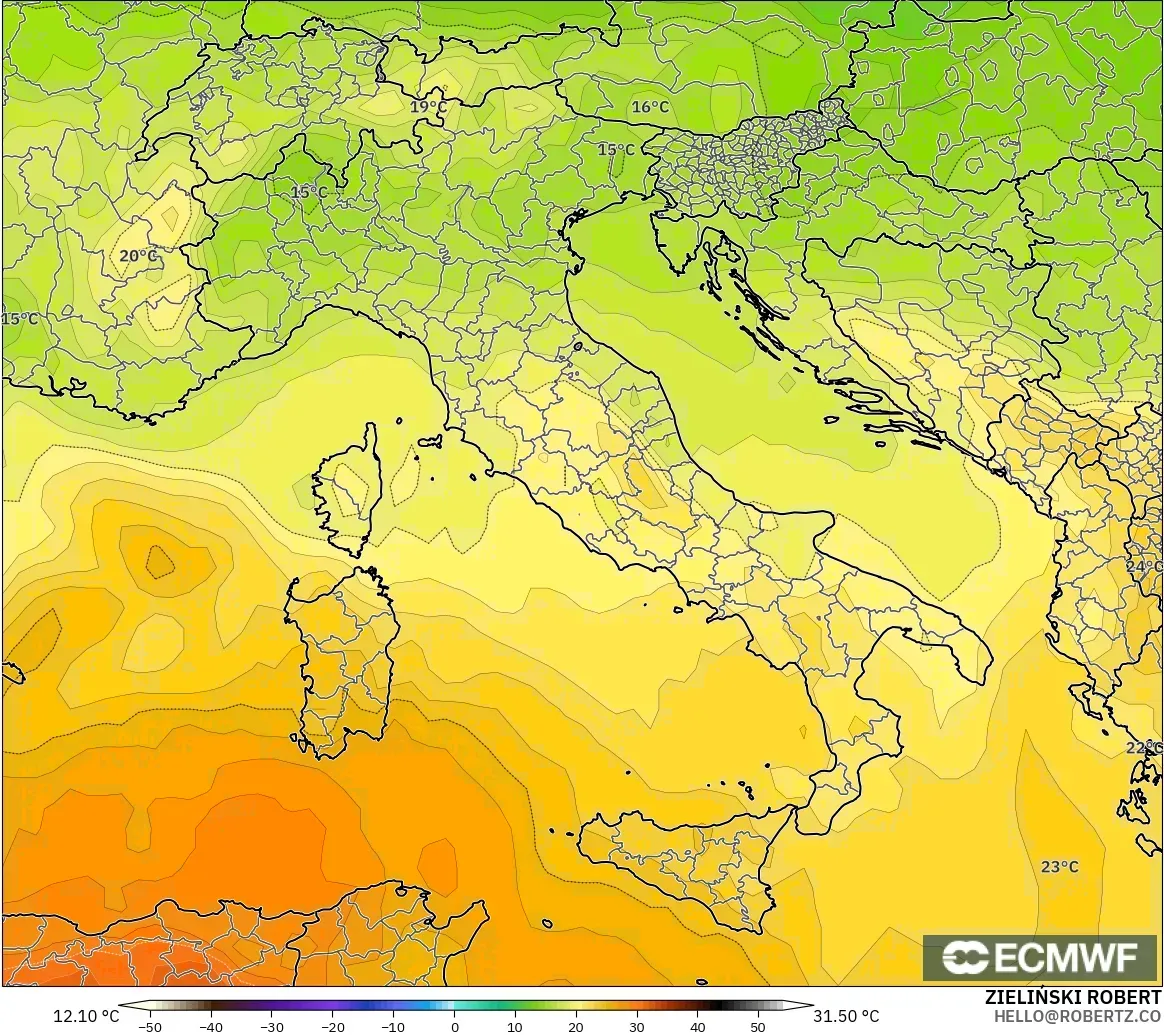 ECMWF IFS 0.25° modelo - Italia, Temperatura a 850 hPa