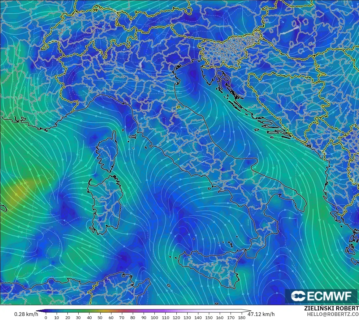 ECMWF IFS 0.25° modelo - Italia, Viento a 10 m