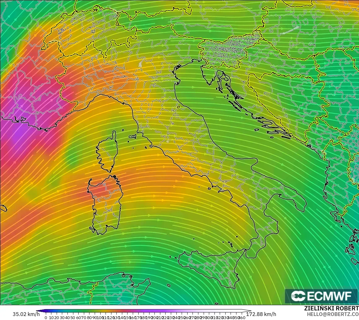 ECMWF IFS 0.25° modelo - Italia, Viento a 300 hPa (corriente en chorro)