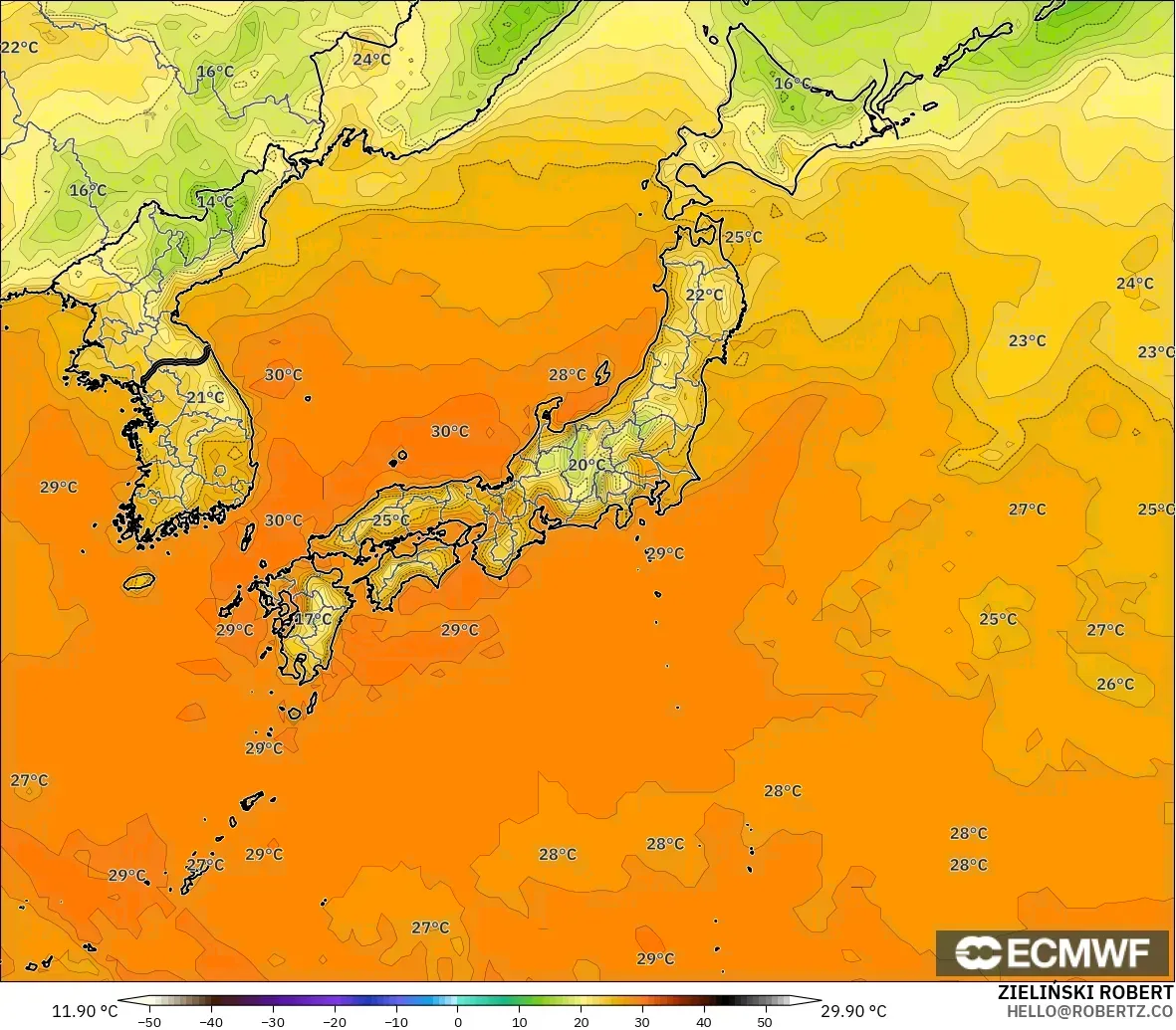ECMWF IFS 0.25° modelo - Japón, Temperatura a 2 m