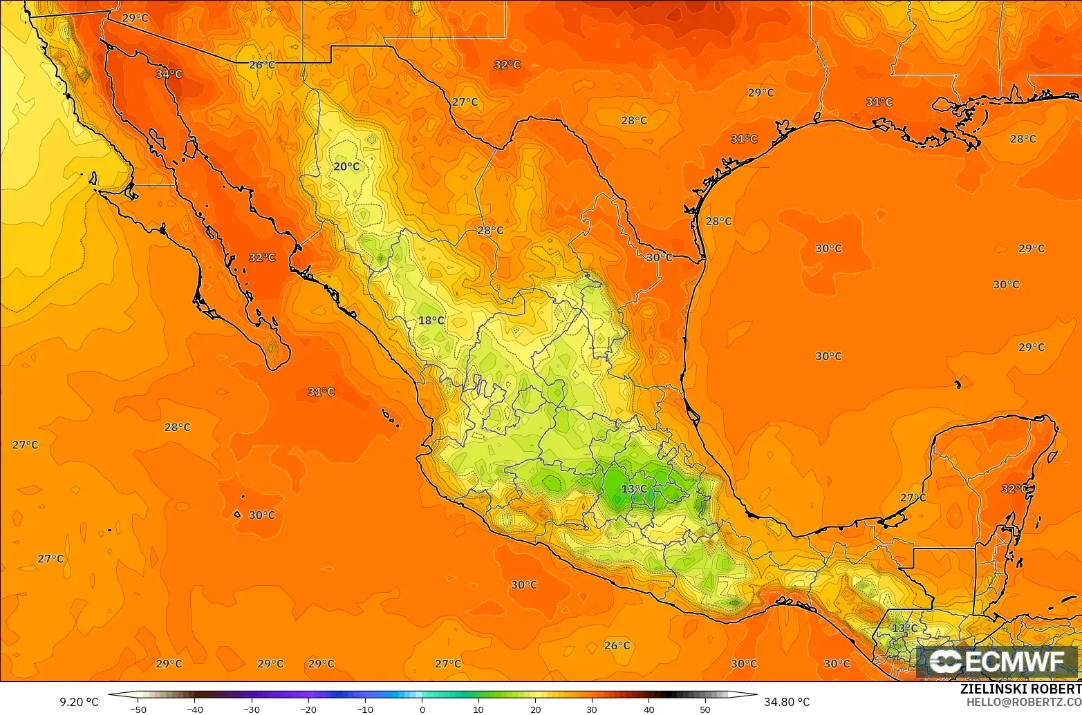 ECMWF IFS 0.25° modelo - México, Temperatura a 2 m