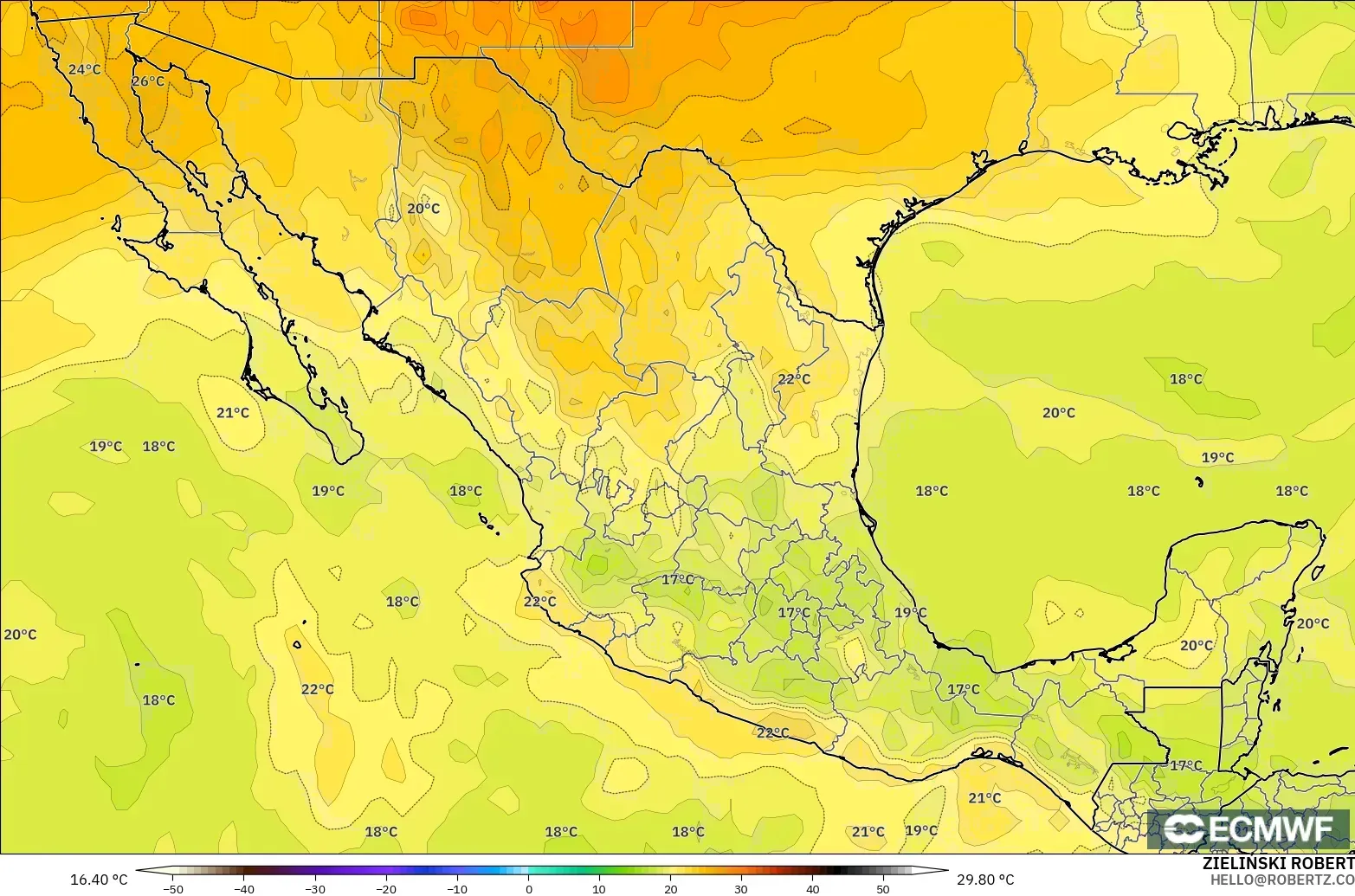 ECMWF IFS 0.25° modelo - México, Temperatura a 850 hPa