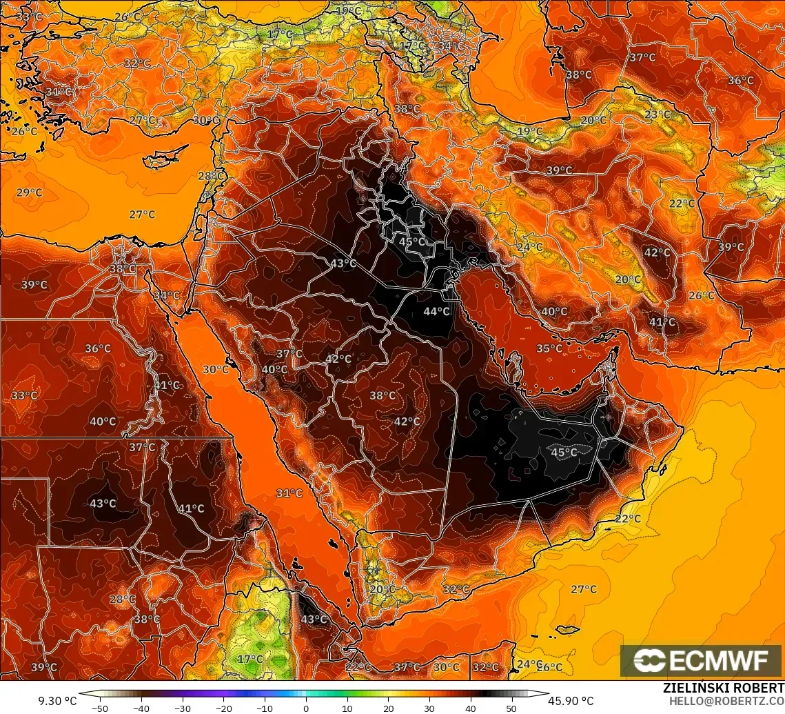 ECMWF IFS 0.25° modelo - Oriente Medio, Temperatura a 2 m