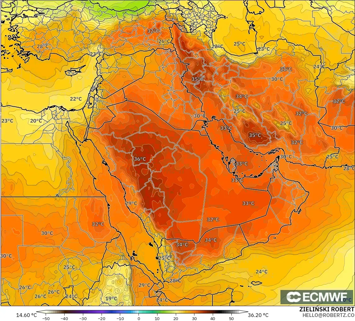 ECMWF IFS 0.25° modelo - Oriente Medio, Temperatura a 850 hPa