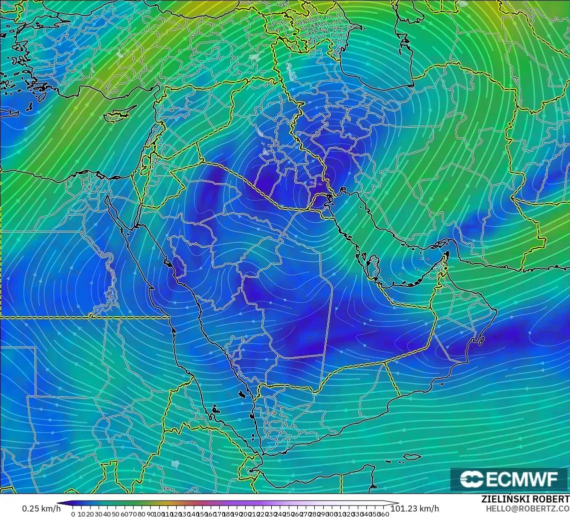 ECMWF IFS 0.25° modelo - Oriente Medio, Viento a 300 hPa (corriente en chorro)