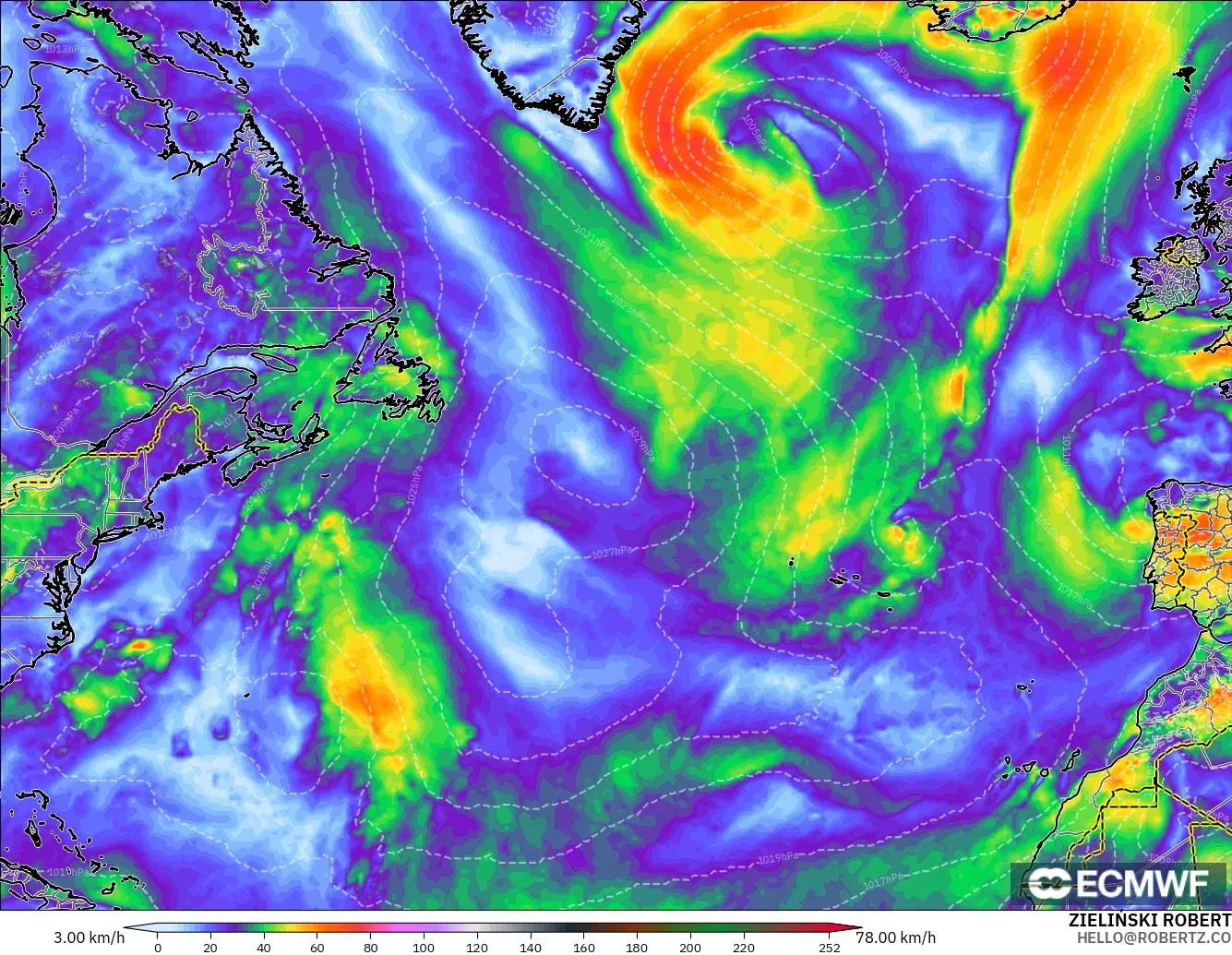 ECMWF IFS 0.25° modelo - Norte Atlántico, Ráfagas de Viento Máximas
