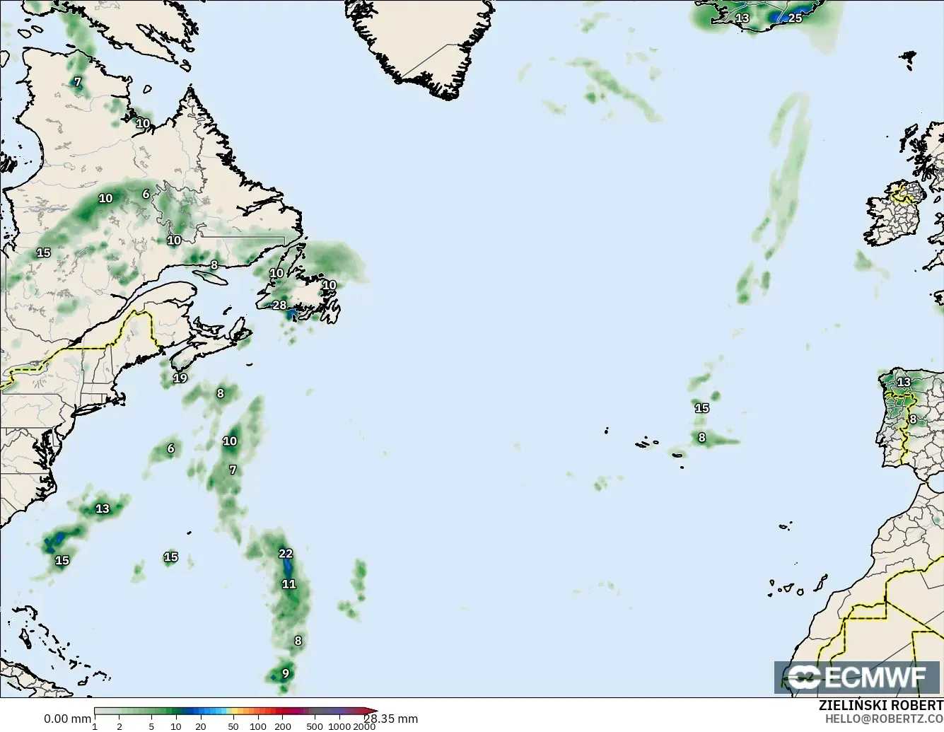 ECMWF IFS 0.25° modelo - Norte Atlántico, Acumulación de precipitación