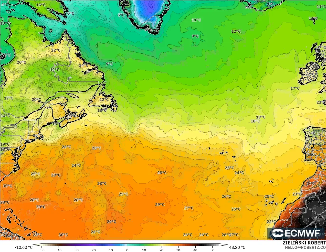 ECMWF IFS 0.25° modelo - Norte Atlántico, Temperatura a 2 m