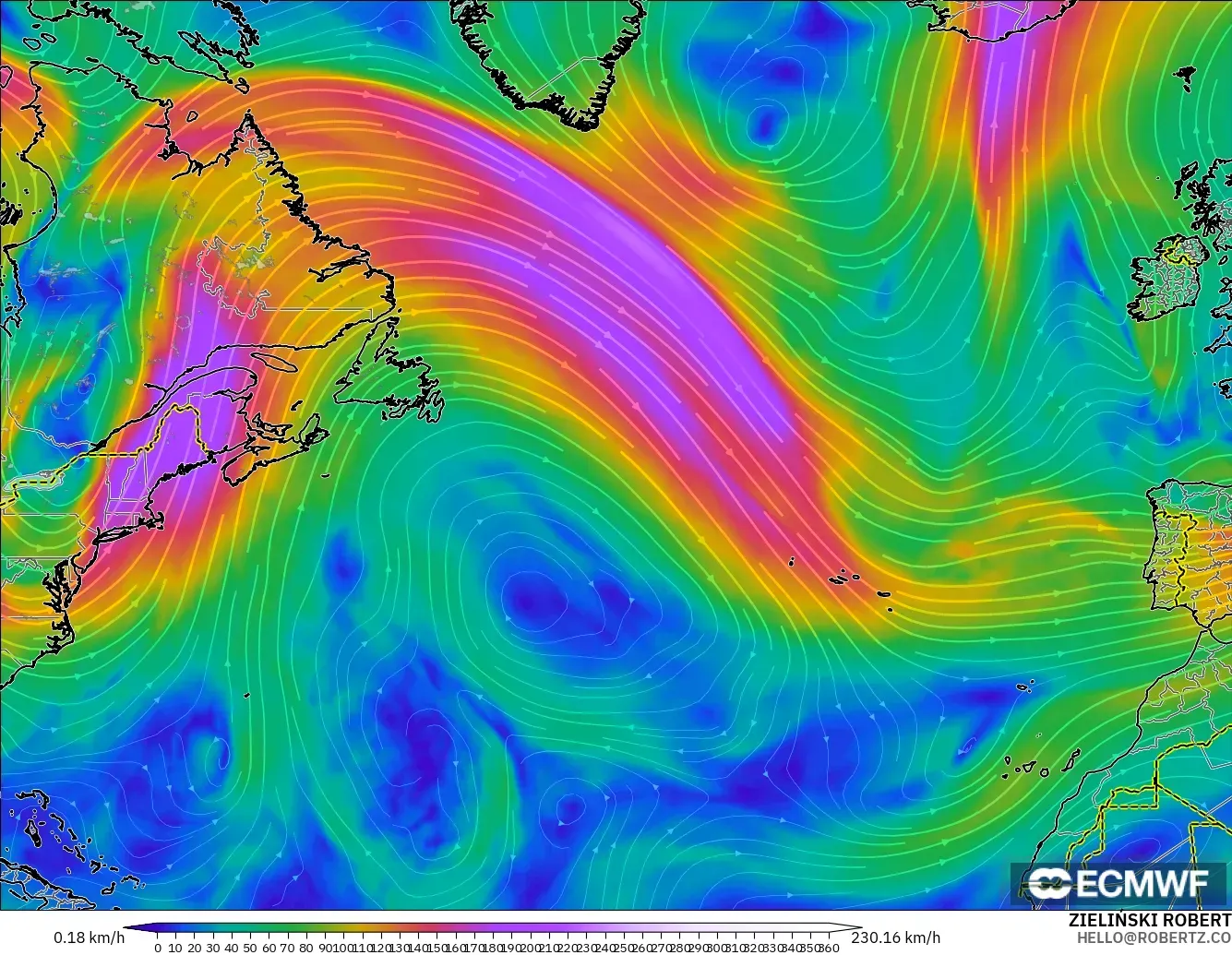 ECMWF IFS 0.25° modelo - Norte Atlántico, Viento a 300 hPa (corriente en chorro)