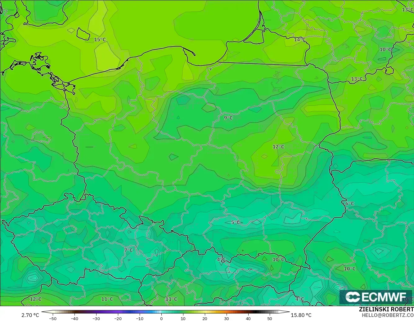 ECMWF IFS 0.25° modelo - Polonia, Punto de rocío a 2 m