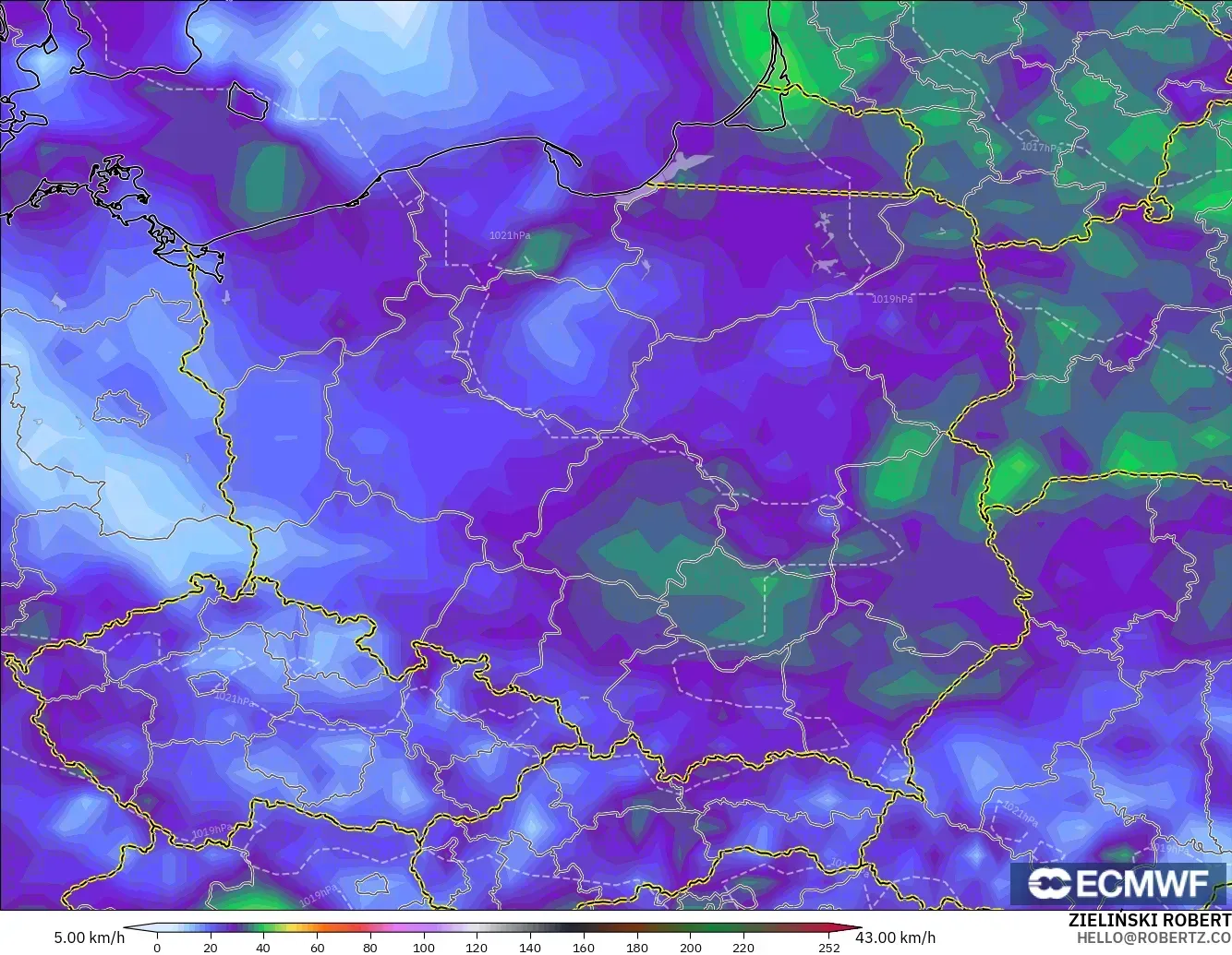 ECMWF IFS 0.25° modelo - Polonia, Ráfagas de Viento Máximas