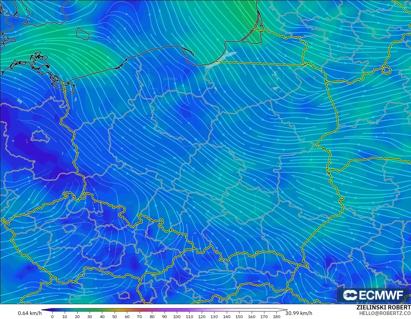 ECMWF IFS 0.25° modelo - Polonia, Viento a 10 m