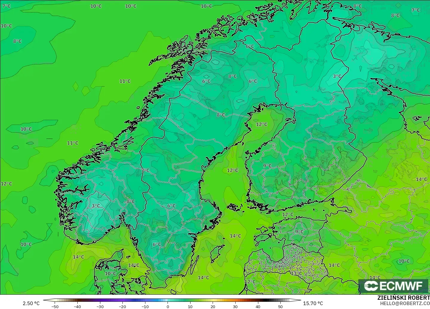 ECMWF IFS 0.25° modelo - Escandinavia, Punto de rocío a 2 m
