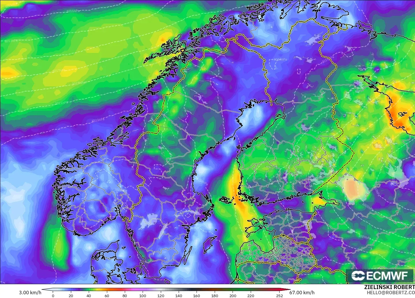 ECMWF IFS 0.25° modelo - Escandinavia, Ráfagas de viento