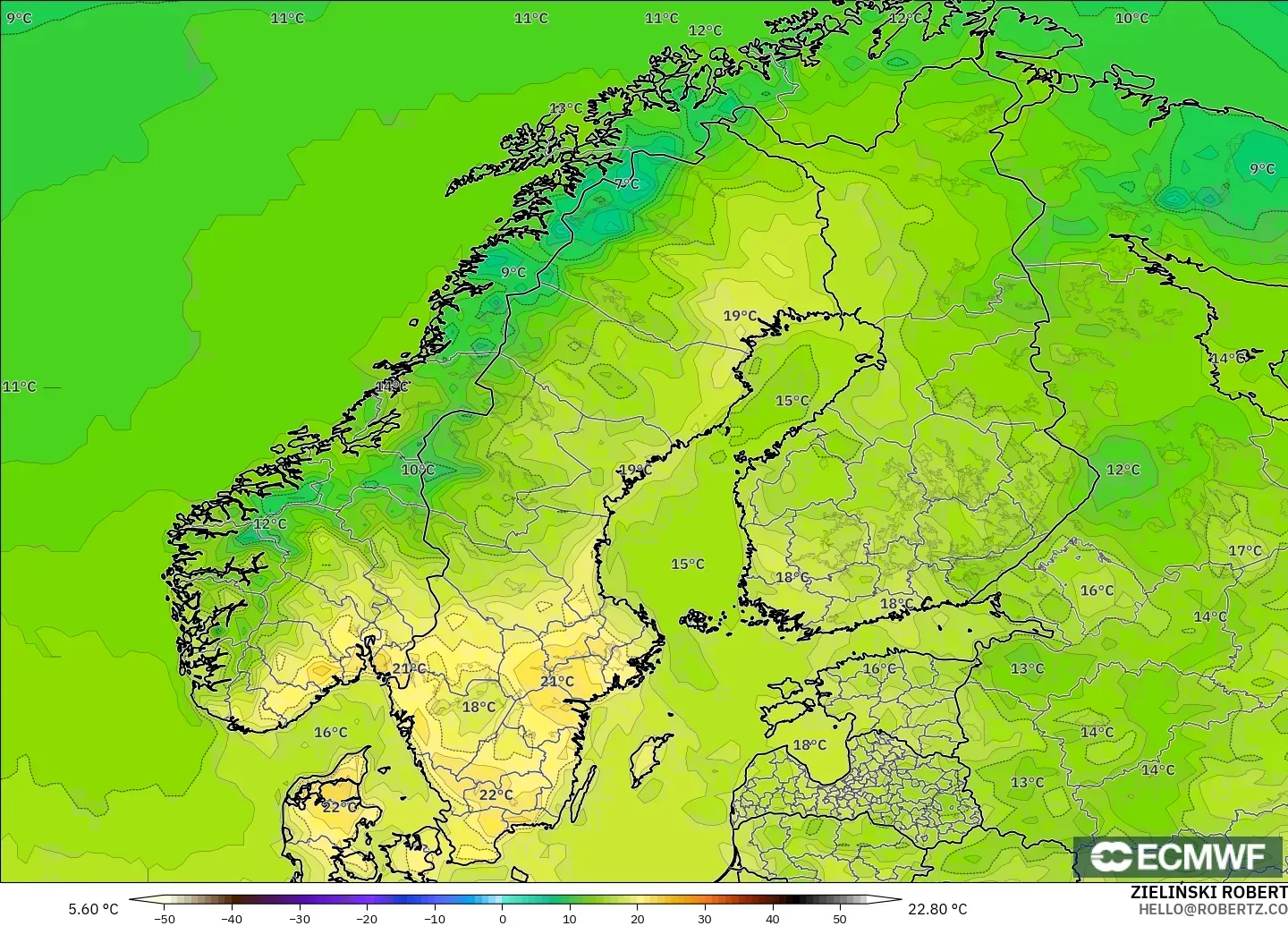 ECMWF IFS 0.25° modelo - Escandinavia, Temperatura a 2 m